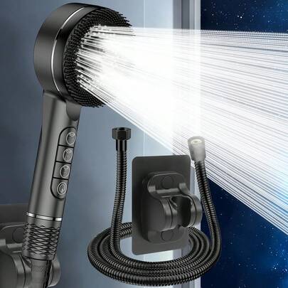 (Soffione singolo/Set da 3 pezzi) Soffione da doccia pressurizzato con filtro a 4 impostazioni in ABS per uso domestico, con tubo in acciaio inossidabile da 1,5 m e supporto per soffione in ABS senza foratura, accessori per il bagno, strumenti per il bagno