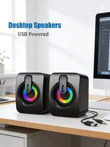 RGB LED 迷你 2.0 有线桌面音箱 | USB 供电，3.5mm AUX 接口，即插即用，音量可调，时尚迷你游戏娱乐音箱，适用于电脑、笔记本电脑、手机、平板电脑、MP3 播放器 - 查看 3