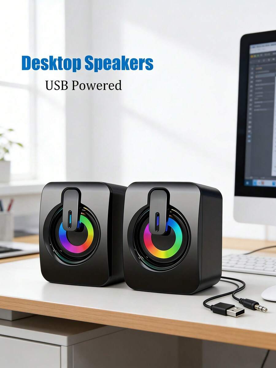 RGB LED 迷你 2.0 有线桌面音箱 | USB 供电，3.5mm AUX 接口，即插即用，音量可调，时尚迷你游戏娱乐音箱，适用于电脑、笔记本电脑、手机、平板电脑、MP3 播放器