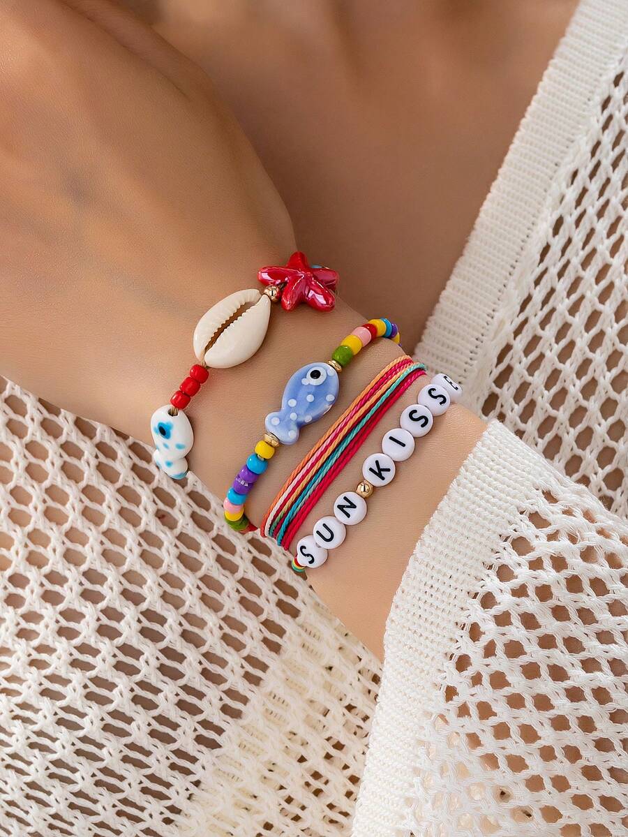 4pcs/Set Summer Beach Layered Bracelet Set, Bohemian Style Handmade Woven Rope Bracelets With Shell And Fish Pendants, Ocean Themed Jewelry - MultiWarna - View 1
