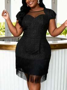 AOMEI Plus Size Black Jacquard Mini Dress For Women O Neck Mesh Patchwork Short Sleeves Bodycon Fringe Hem Sexy Cocktail Party Event Gown New - Black - View 4