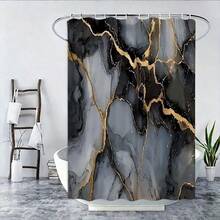 1件灰色和金色大理石纹图案浴帘，现代奢华抽象设计，适用于浴室浴缸，防水面料，带挂钩 - A - 查看 3