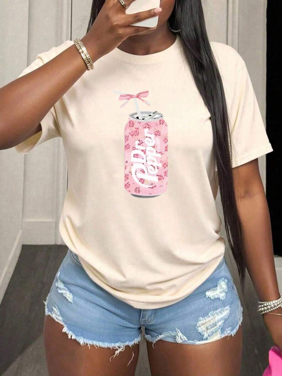 1 Pack Girls Casual Printed Crew Neck Short Sleeve T-Shirt Summer Student Youth Clothing - 杏色 - 查看 1