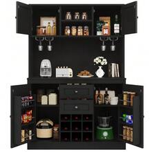 Kitchen Cabinet With Adjustable Shelves And Wine Rack, Tall Kitchen Sideboard With 4 Doors And 2 Drawers, Sideboard For Kitchen And Living Room, Buffet Cabinet, Black - Black - View 7