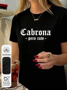 Plus Size Women's Simple Letter Graphic Round Neck Short Sleeve Black Top, Casual Summer - Black - View 7