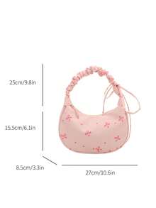 1 chiếc túi đeo vai bằng vải nylon màu hồng, khóa kéo trơn, dây rút, nơ, in chấm bi, thời trang, đa năng, phong cách tối giản, mùa xuân/hè, mẫu mới độc đáo, phù hợp cho nữ sử dụng hàng ngày. - Hồng - Xem 2