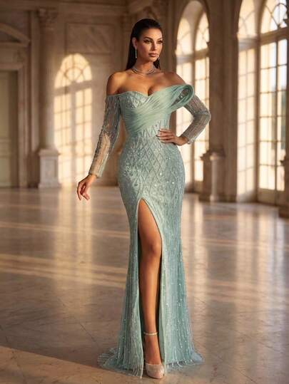 Mint Green Rhinestone Sequin Embroidered Open Shoulder Twist Waist Tie Long Sleeve High Slit Sheer Trailing Elegant Luxury Evening Gown Wedding Party