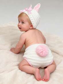 2pcs Newborn Photography Props Handmade Knitted Bow Tie Rabbit Hat And Cover, Photography Accessories For Newborn Baby Boys And Girls - Multicolor - View 1