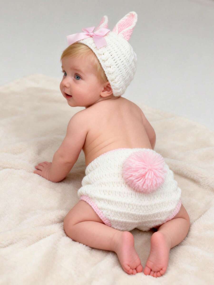 2pcs Newborn Photography Props Handmade Knitted Bow Tie Rabbit Hat And Cover, Photography Accessories For Newborn Baby Boys And Girls - Multicolor - View 1