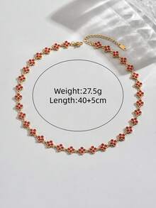 1pc Women's Gold Stainless Steel Four-Leaf Flower Full Diamond Red Necklace, Fashion Jewelry, 18K Gold Plated - Gold - View 2