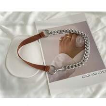Women's Metal Chain Elastic Waist Belt, Fashionable And Versatile, Suitable For Dresses, Suits, And Jackets, In Stock - 杏色+銀色鏈 - 查看 9