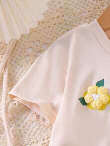 2pcs Young Girls Casual Apricot Short Sleeve Top & Embroidered Denim Long Pants Set, Thin Spring/Summer Outdoor - Apricot - View 6