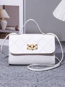 极简白色小手提包，时尚菱形扭扣迷你包，休闲家居手提包 - 白色 - 查看 7