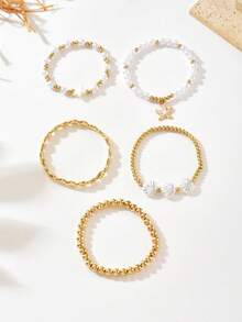 Bộ 5 chiếc mặt dây chuyền hình sao biển ngọc trai trắng, nhiều lớp hạt vàng, trang sức đeo tay cho nữ, thích hợp cho đeo hàng ngày và đi nghỉ mát. - Vàng - Xem 5