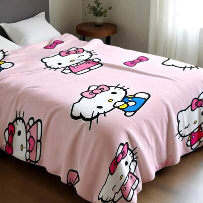 Chăn nỉ họa tiết Hello Kitty, tông màu hồng chủ đạo, hình Hello Kitty ở giữa đeo nơ hồng, kiểu dáng ngọt ngào và dễ thương, vừa trang trí vừa tiện dụng, có thể dùng làm quà tặng hoặc vật dụng gia đình hàng ngày, thích hợp cho ghế sofa, phòng ngủ, cắm trại, du lịch, vừa thiết thực vừa mang tính kỷ niệm.