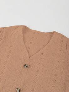 V-Neck Lace Patchwork Hollow Out Embroidery Front Button Spring/Summer Short Sleeve Top Vacation - Coral Orange - View 3