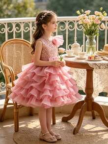少女夏季优雅亮片撞色网纱连衣裙，花童生日派对走秀钢琴演奏会晚礼服 - 藕粉色 - 查看 3