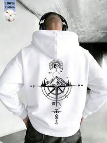 1item,Men's Cotton Tops,With The Sun,Clouds And Mountain Pattern,Simple And Loose-Fitting Men's Hooded Sweatshirt,Long Sleeve. - 白色 - 查看 3