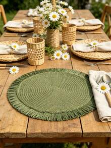 1/2/4/6/8pcs 15-Inch Round Woven Tassel Placemats, Heat-Resistant Table Mats, Bohemian Style Tassel Placemats, Hotel & Restaurant Tableware Decor, Living Room & Dining Table Non-Slip Pads, Suitable For Family Gatherings, Weddings, Parties - Dark Green - View 1