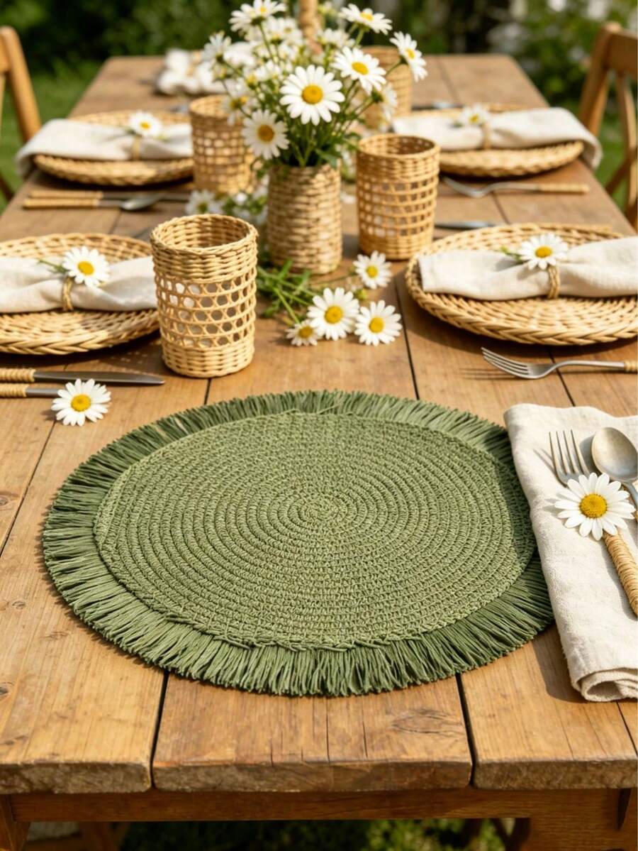 1/2/4/6/8pcs 15-Inch Round Woven Tassel Placemats, Heat-Resistant Table Mats, Bohemian Style Tassel Placemats, Hotel & Restaurant Tableware Decor, Living Room & Dining Table Non-Slip Pads, Suitable For Family Gatherings, Weddings, Parties - Dark Green - View 1