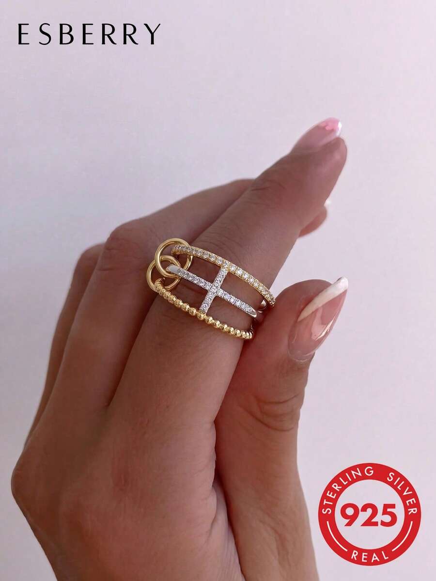 1pc S925 Sterling Silver Fashionable Luxury Diamond Crossover Lock Ring, Suitable For Women's Daily Wear And Parties, Birthday Gift, Exquisite Jewelry Present