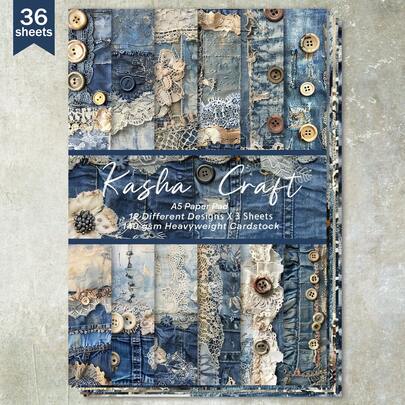 36 Sheets A5 Denim Lace Buttons Background Scrapbooking Paper, Suitable For Bullet Journal, Scrapbook, Card Making And Craft Projects