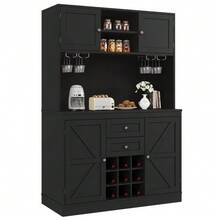 Kitchen Cabinet With Adjustable Shelves And Wine Rack, Tall Kitchen Sideboard With 4 Doors And 2 Drawers, Sideboard For Kitchen And Living Room, Buffet Cabinet, Black - Black - View 6