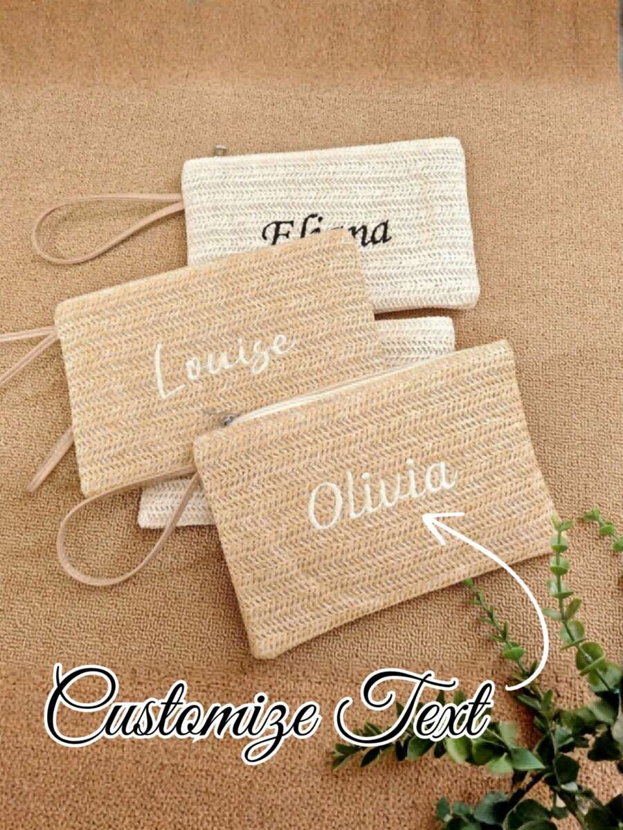 Personalized Embroidered Straw Clutch Bag, Women's Raffia Makeup Bag, Customizable Name/Letter Zipper Pouch, Boho Style Woven Handbag, Beach Holiday Clutch, Bridal Bridesmaid Wedding Purse, Bachelorette Party Gift, Travel Organizer, Unique Gift - Multicolor - View 1