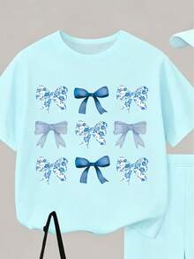 Tween Girl Bow Print Short Sleeve T-Shirt And Shorts Casual Set - Blue - View 4