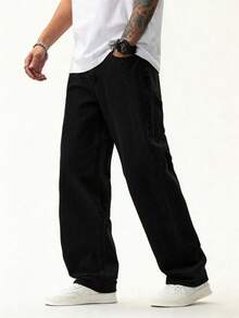 1pc Justice Brother Casual Loose Fit Washed Straight Leg Jeans, Korean Style Versatile Streetwear For Men - Black - View 3