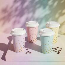D40 Pcs Pastel And Gold Disposable Coffee Cups With Lids 12oz Gold Foil Dot Gradient Paper Cups For Hot Cold Beverage Water Tea Party Wedding Valentines Birthday Plies - Pastel and Gold - 查看 5