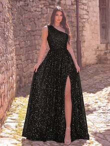 Faeriesty Elegante vestido de noche largo sin mangas para mujer, con bajo con abertura y lentejuelas brillantes para una elegancia lujosa, adecuado para alfombra roja, gala benéfica, boda, fiesta de lujo y otras ocasiones formales como recepción de boda, baile de máscaras, fiesta del jardín secreto, cena formal, evento de etiqueta negra, ceremonia de graduación y fiesta de cumpleaños, vestido formal de primavera/verano - Negro - Ver 1