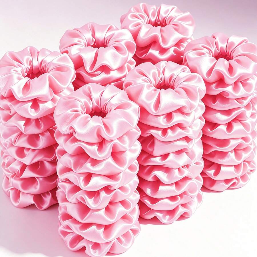 12pcs Solid Color Satin Silk Hair Scrunchies Set, Soft Satin Elastic Hair Ties, Non-Damaging Large Hair Scrunchies, Hair Accessories - Pink - View 1