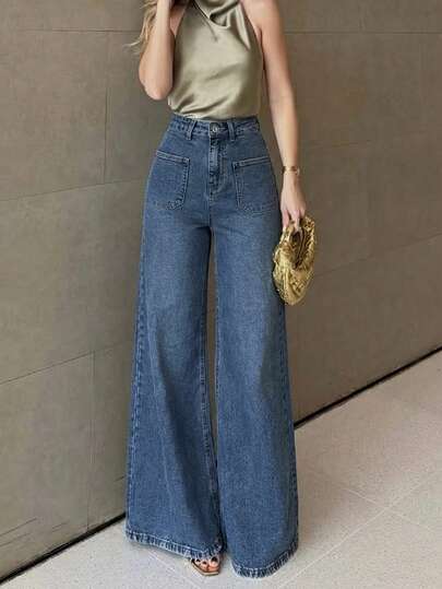 Jeans de cintura alta y pierna ancha para mujer, jeans rectos elegantes y vintage con bolsillos parche, conjunto de moda para el trabajo en primavera 2026