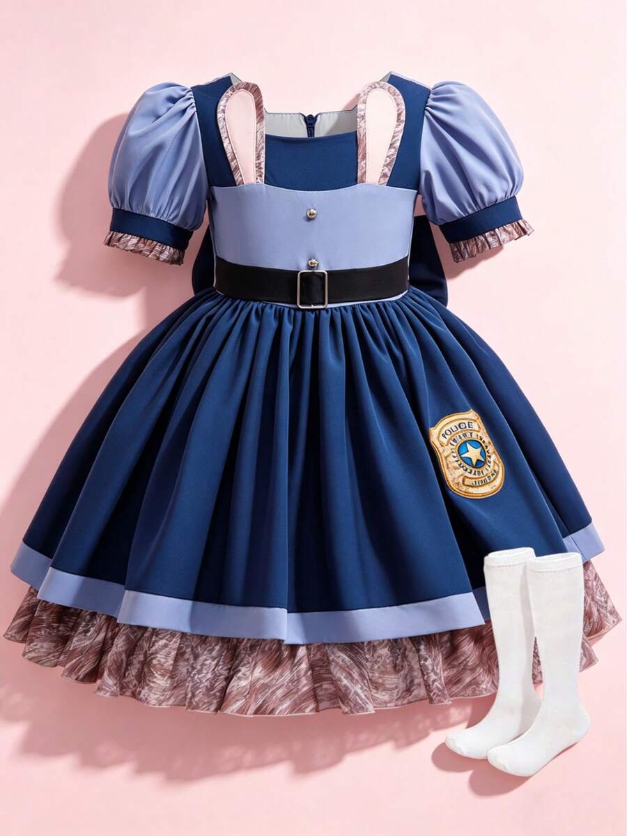 2pcs/Set Children Rabbit Animal Costume With Bowknot Princess Dress, Suitable For Birthday Party, Halloween, Carnival, Easter, Includes Socks - Royal Blue - View 1