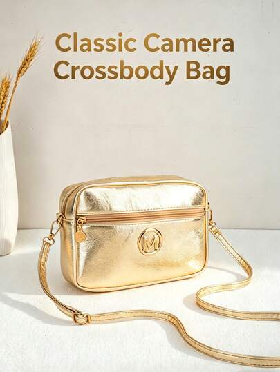 1 stuk gouden camera-telefoonportemonnee crossbodytas, metalen portemonnee met M-letter en muntvakje, verstelbare schouderband, schoudertas voor dames, onmisbaar voor dagelijks gebruik en feestjes