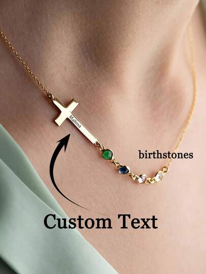 Personalized Cross Birthstone Necklace, Personalized Name Sideways Cross Necklace With Birthstones,Necklace For Women,Dainty Gold Necklace, Custom Family Birthstone Jewelry, Meaningful Gift For Mother