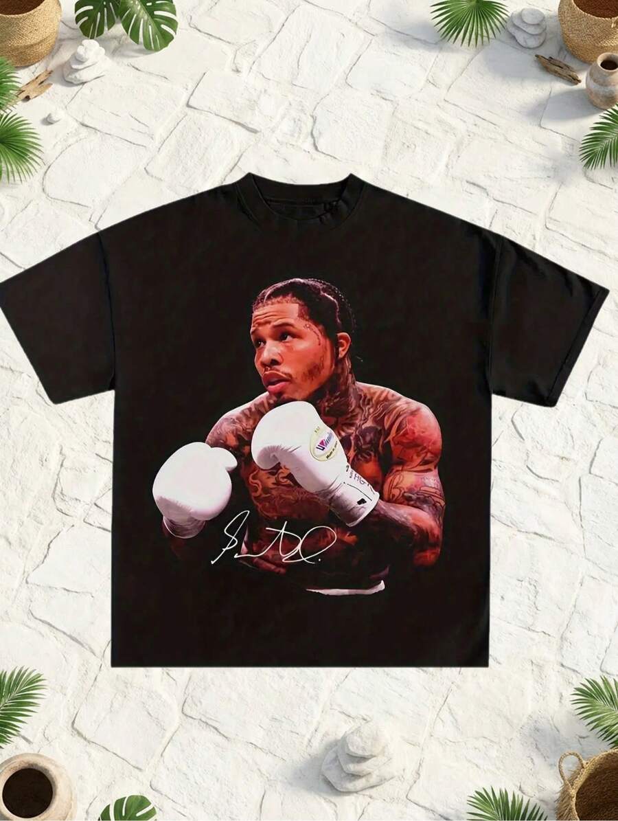 Gervonta 'Tank' Davis Men's Graphic Boxing T-Shirt - Signature Black Design, 50% Loose Fit, Short Sleeves, Crew Neck, Casual, For Sports Fans And Gifts For Him, Athletic Leisure Wear, Sporty Style, Comfortable Material, Sports And Training Wear. - 黑色 - 查看 1