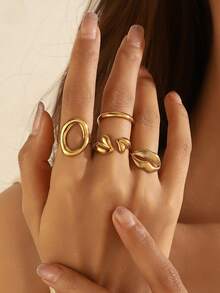 4pcs/Set 18K Gold Plated Stainless Steel Geometric Oval & Heart Shaped Ring Set, Suitable For Women's Daily And Party Wear - Gold - View 1