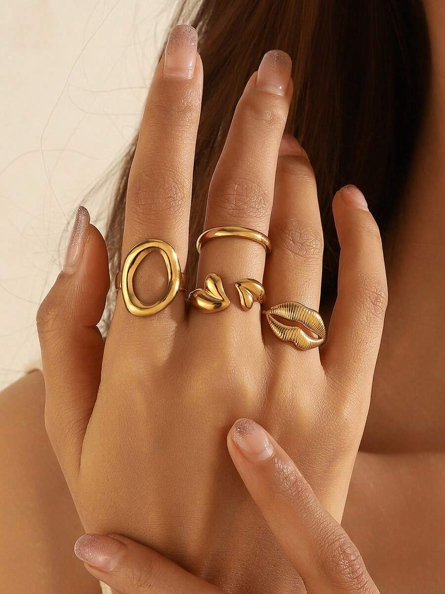 4pcs/Set 18K Gold Plated Stainless Steel Geometric Oval & Heart Shaped Ring Set, Suitable For Women's Daily And Party Wear - Gold - View 1