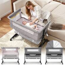 3-In-1 Baby Crib | Baby Bassinet,Height Adjustable Baby Bed With Smooth-Glide Wheels & Breathable Mesh, Newborn Essentials Gift For New Moms,Baby Need - Light Grey - View 2