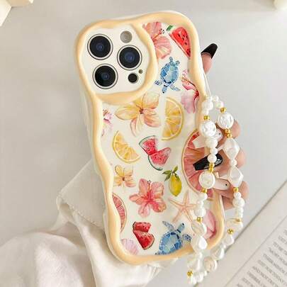 奶油色纹理波浪边亮面花卉水果彩绘防震手机壳，附赠串珠手链配件，兼容 17 Pro/17 Air、Galaxy S26/S26 Plus/S26 Ultra/A17/A07/S25/S25 Plus/S25、11/12 Pro/12/12 X/13 Pro/14 Pro/15 Pro、10/9/Note9/12c/Note11 Pro/Note8 Pro