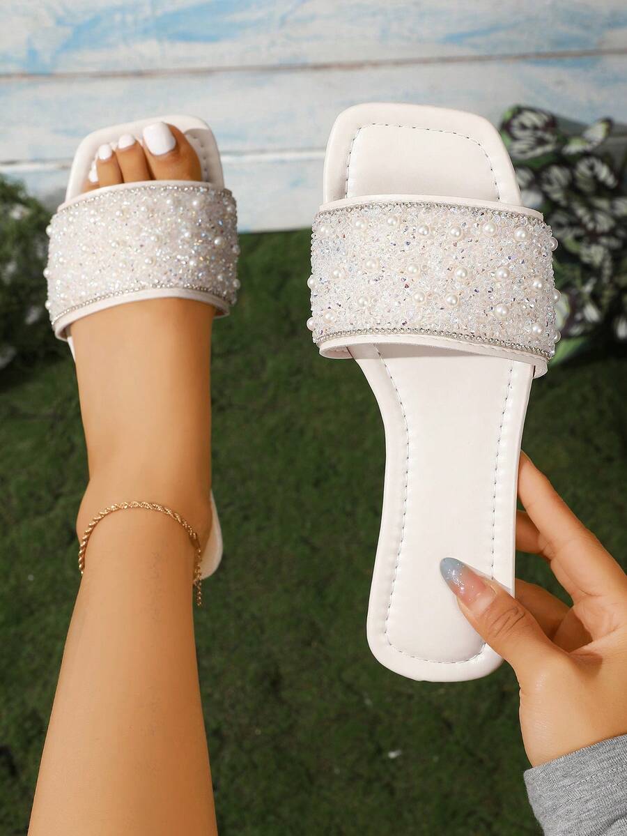 2026 New Flat Slide Sandals/Solid Color, Flat Design, Shiny Vamp, Exquisite Rhinestone Decor, Slip-On Style, Easy To Clean, Elegant & Refined, Fashion Versatile, Suitable For Daily Wear, Shopping, Dating, Vacation, Travel