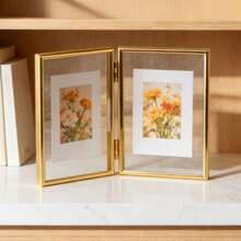 Foldable Dual Gold Metal Vertical Photo Frame, 4"X6", 5"X7", 6"X8", 8"X10" Clear Glass Desktop Display, Home Decor Gift - 1PC - View 8