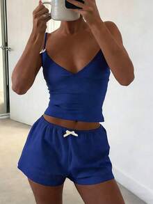 Set de 2 piezas: Top de tirantes con escote en V y shorts sueltos, conjunto casual de verano - Azul - Ver 1