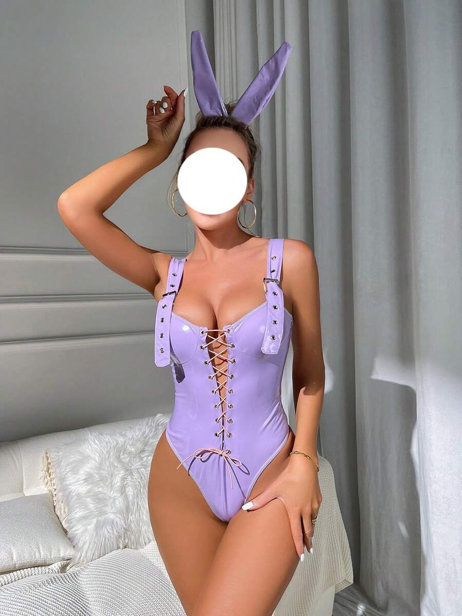 Womens Sexy Bunny Costume Roleplay Lingerie Bodysuit PU Leather Rabbit Cosplay Bodysuit One Piece Naughty Teddy Set - Màu tím - Xem 1