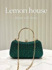 1 pieza Bolso de mano con decoración de cristal de imitación y brillo verde esmeralda, bolso de embrague elegante de moda con correa de hombro de metal, adecuado para fiestas de noche, bodas, galas, apropiado para damas - Verde Oscuro - Ver 2