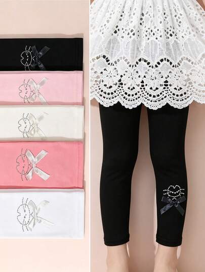 1 chiếc quần legging lửng cho bé gái, thiết kế nơ đính đá dễ thương, họa tiết mèo, ôm sát, đa năng cho mùa xuân, hè và thu giao mùa.