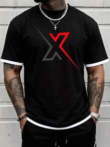 Simple Studio | Nova Chegada Camiseta Casual Masculina com Estampa de Letra de Manga Curta | Adequada para o Verão | Confortável e Respirável | Estilo - Preto - Visão 2