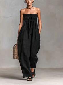 Hàng mới về, bộ jumpsuit đen cổ yếm cho nữ, thích hợp cho lễ Phục Sinh và Ngày của Mẹ, quần ống rộng tối giản thanh lịch mùa hè có túi, trang phục thường ngày tiện dụng. - màu đen - Xem 3